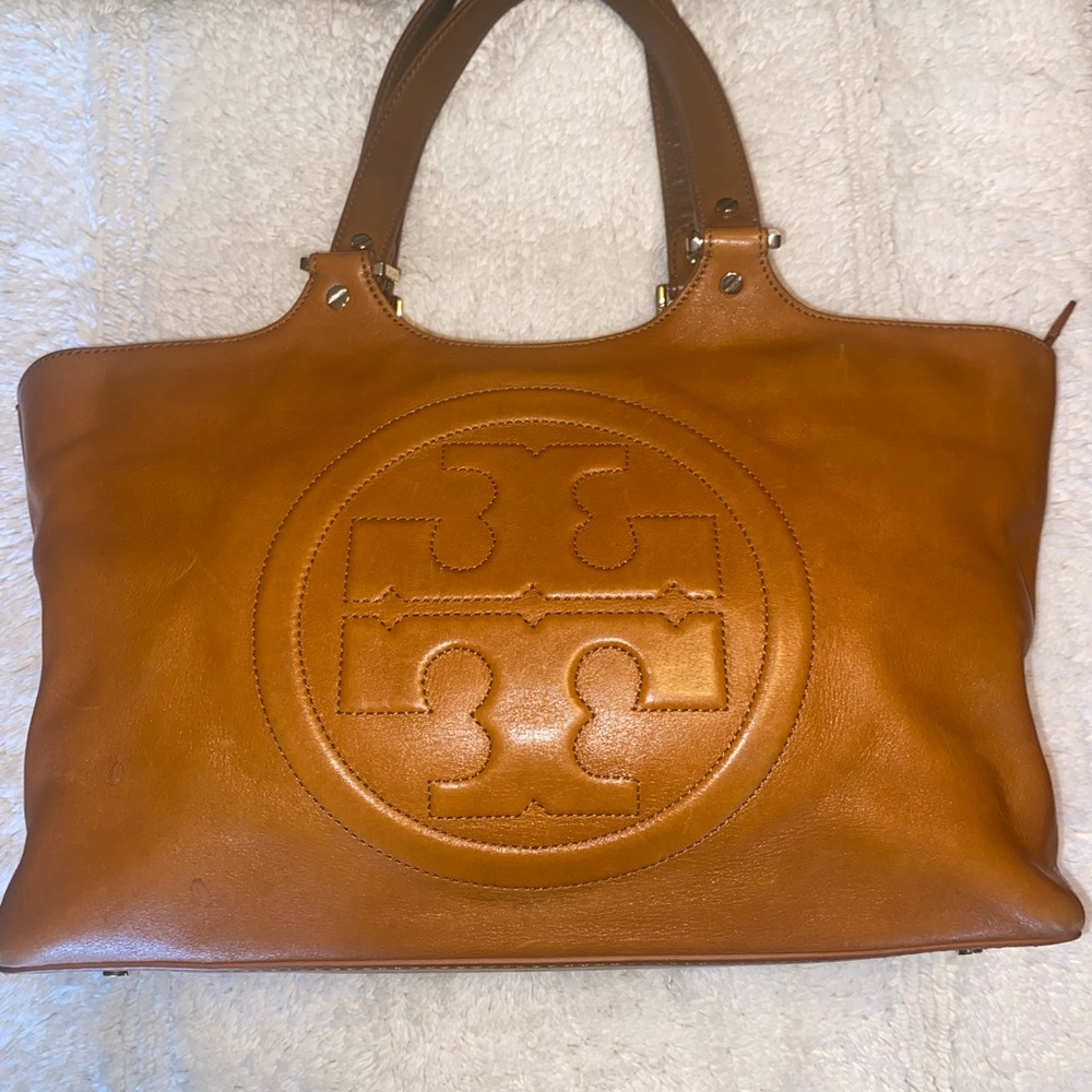 Tory Burch Tan Structured Tote with Iconic Logo